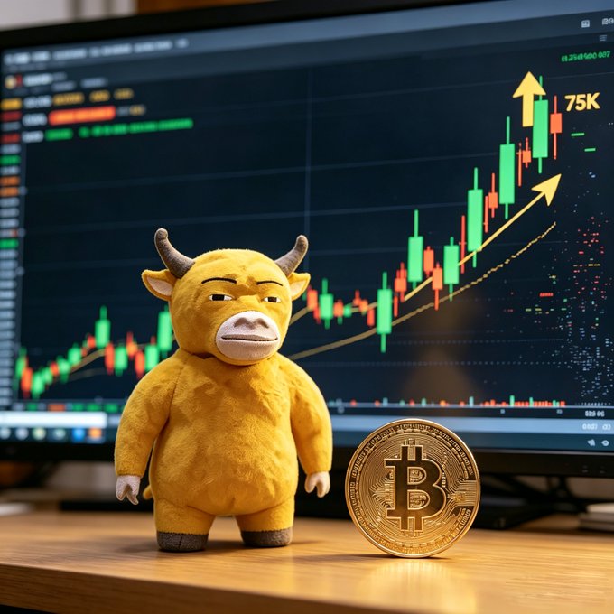 A yellow plush bull mascot stands next to a large Bitcoin coin on a desk, with a computer monitor behind showing a candlestick chart trending upward to 75K.
