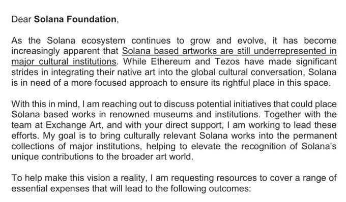 A letter addressed to the 'Solana Foundation,' discussing the underrepresentation of 'Solana based artworks' in 'major cultural institutions' and requesting resources to bring Solana art into museums.