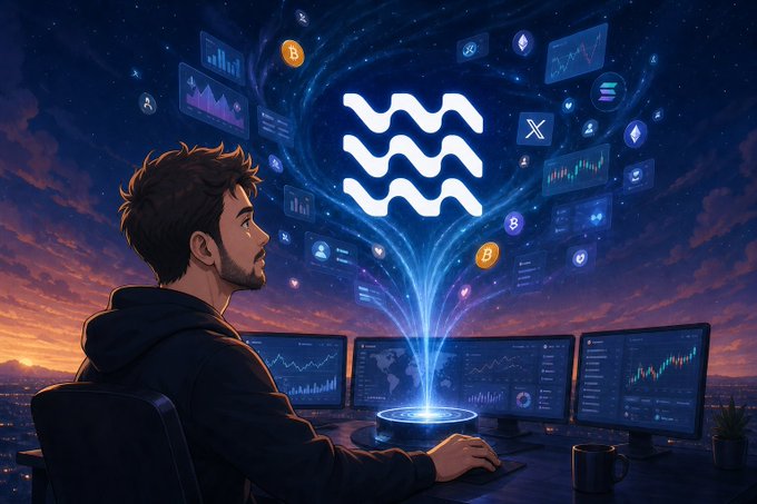 An illustrated image of a man at a desk with multiple monitors showing trading charts, with a stylized cryptocurrency logo (wavy lines) and various crypto symbols floating in a cosmic background.