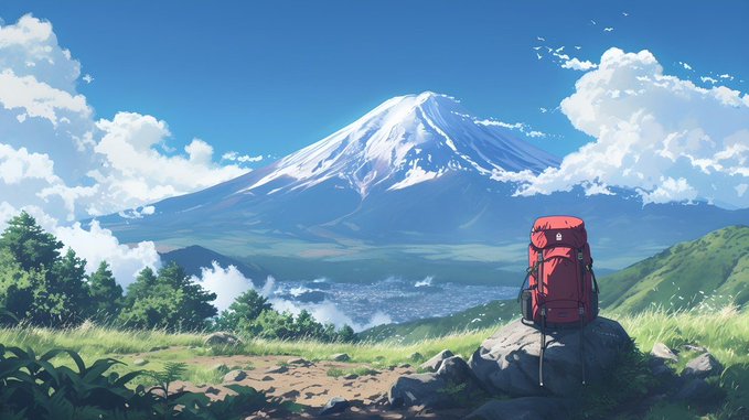 An anime-style illustration of a scenic landscape featuring Mount Fuji with a red hiking backpack resting on a rock in the foreground.