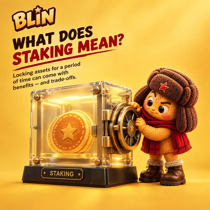 A cartoon graphic explaining staking with the text "BLIN WHAT DOES STAKING MEAN? Locking assets for a period of time can come with benefits – and trade-offs," featuring a cute character next to a safe containing a star coin.