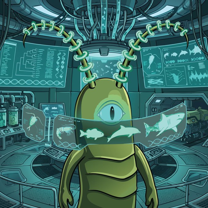 A digital illustration of a green one-eyed alien creature standing in a high-tech laboratory surrounded by holographic screens displaying DNA sequences, shark silhouettes, and various marine biology data.