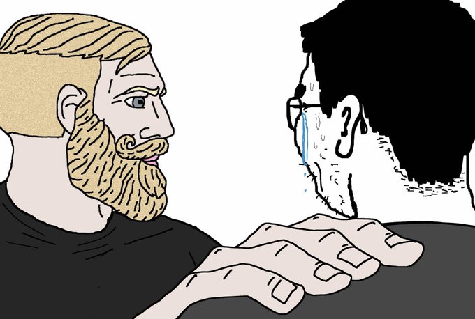 A cartoon illustration (Soyjak vs Chad meme format) depicting a blonde bearded man confronting a crying, dark-haired Wojak character.