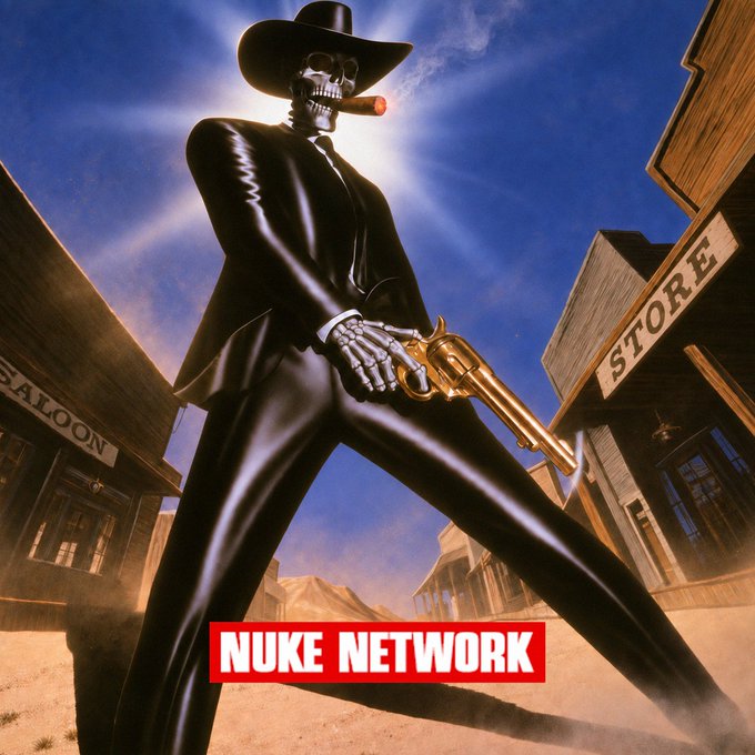 A stylized poster features a skeleton in a black suit and cowboy hat holding a golden revolver, standing in a western town street with 'Saloon' and 'Store' signs, labeled 'NUKE NETWORK' in red at the bottom.