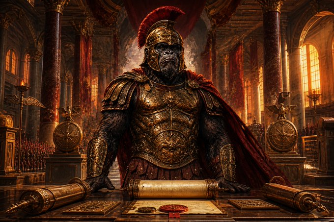 A powerful gorilla warrior in ornate Roman-style golden armor and a plumed helmet stands dominantly in a grand, candle-lit hall, evoking the imperial might suggested by the "APEUSMAXIMUS" branding. Before him rest scrolls and a wax-sealed document, reinforcing themes of ancient conquest and authority that align with the project's commanding tone.