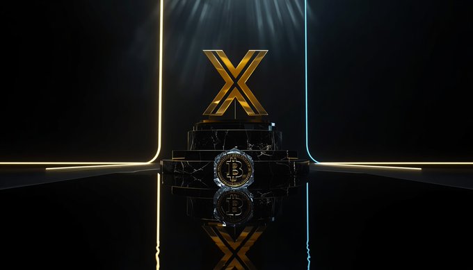 A golden "X" sculpture sits atop a black marble pedestal above a Bitcoin coin, displayed in a dark setting with neon lighting and a reflective floor.