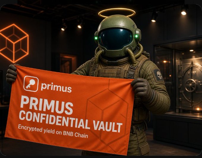 An astronaut in tactical gear holding an orange 'PRIMUS CONFIDENTIAL VAULT - Encrypted yield on BNB Chain' banner, with the Primus logo.