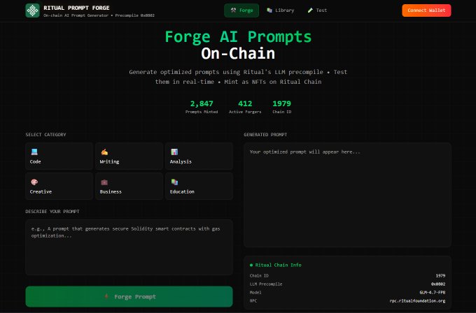 The image features a webpage titled "Forge AI Prompts" with green and black elements, specifically focusing on an On Chain prompt generator using the Ritual LLM precompiler. The title of the post seems to be about this prompt, as suggested by the wording in the caption provided below it. The webpage offers various functions or features such as: creating a new prompt (with a specific request), testing prompts directly from the app, and minting them as NFTs. It appears to be an informative site where people can learn more about crafting on chain prompts for their projects.