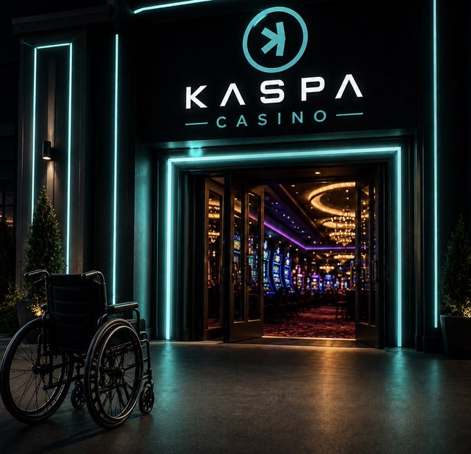 The neon-lit entrance of the 'KASPA CASINO' is shown at night, with a wheelchair parked outside and slot machines visible inside.