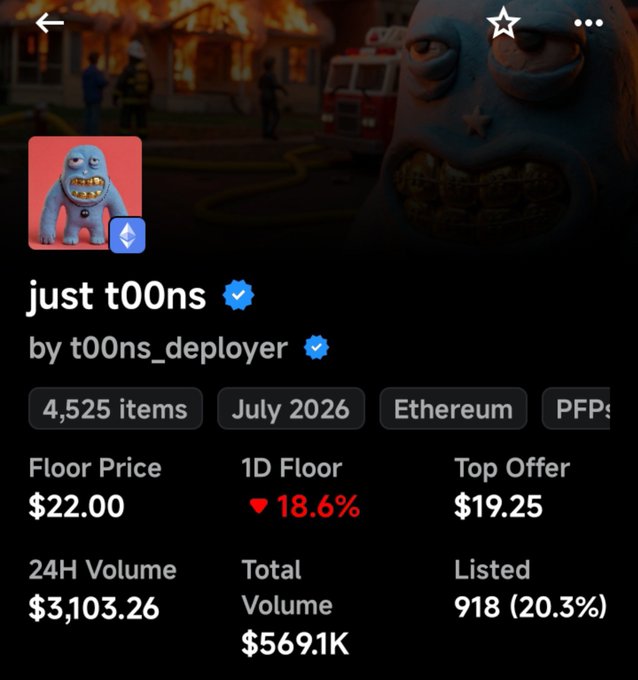 The image shows an OpenSea NFT collection page for "just t00ns" by t00ns_deployer, featuring 4,525 items on Ethereum with a floor price of $22.00 and a 24-hour volume of $3,103.26. The poster's comment about returning to mint price aligns with the screenshot, which captures the collection priced at $22—suggesting they've broken even on their purchase.