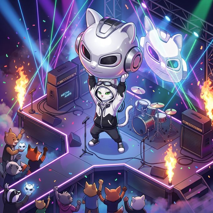 iced coffee with a cat-shaped ice cream cone, surrounded by colorful confetti and a stage with a band performing.