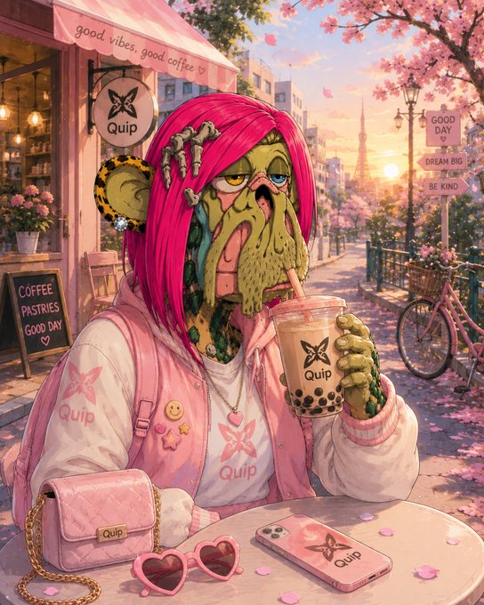 An AI-generated illustration of a zombie-like character with pink hair and a "Quip" branded outfit drinking boba tea outside a café, with Tokyo Tower in the background and "Quip" branding throughout.