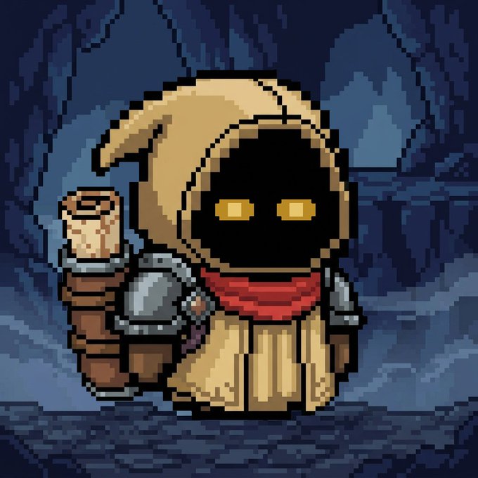 Pixel art of a hooded cloaked figure with glowing yellow eyes, holding a scroll and a shield in a dark cave setting.