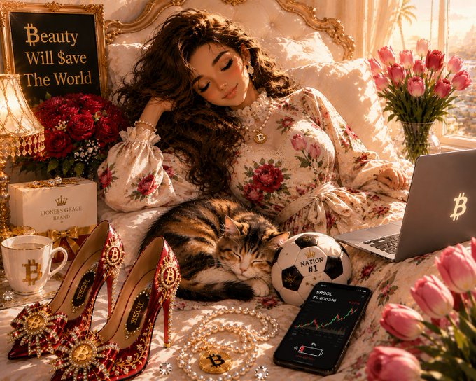 An AI-generated image of a woman on a luxurious bed surrounded by Bitcoin symbols, red high heels, roses, a soccer ball labeled "NATION #1", and a crypto trading chart on a phone.