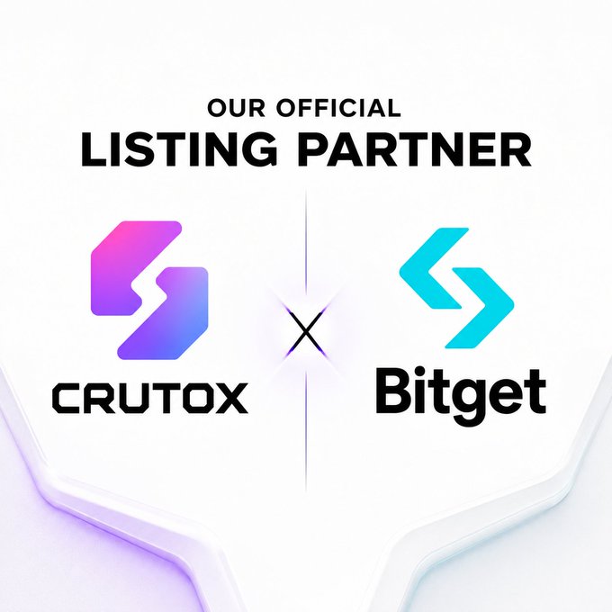The image announces Crutox as Bitget's "Official Listing Partner," featuring both companies' logos alongside an "x" symbol to denote the collaboration, visually reinforcing the post's excitement about the strategic partnership between the two platforms.