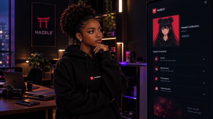 A young woman with curly updo hair wears a 'HAZEL'S' branded black hoodie in a dimly lit room, standing next to a screen displaying the 'Hazel's Collection' NFT marketplace interface.