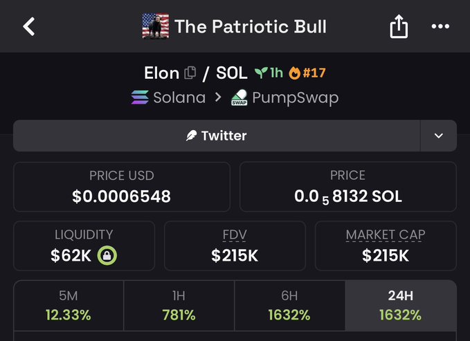 The image displays a token analytics page for "The Patriotic Bull" (Elon/SOL) on PumpSwap, showing a price of $0.0006548, a market cap of $215K, liquidity of $62K, and notable gains including 781% in 1 hour and 1632% in 24 hours. It supports the post by illustrating the recent explosive price action of the "Elon" token that the user has just purchased, highlighting its potential as a "runner."