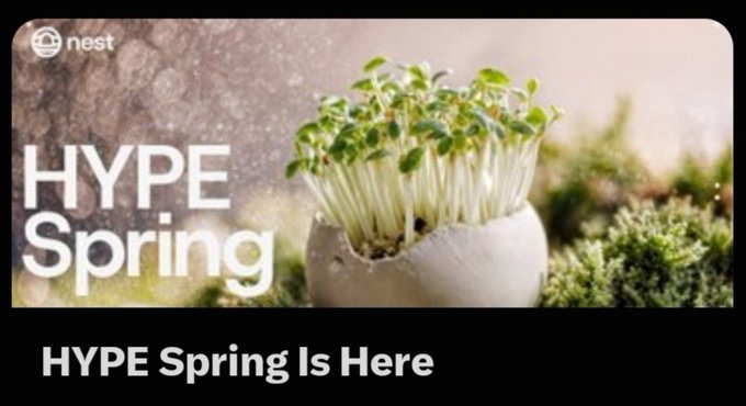 A Nest-branded spring graphic shows sprouts in a white container with the text “HYPE Spring Is Here.”