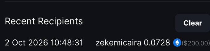 A "Recent Recipients" transaction log showing a $200.00 USD payment of 0.0728 ETH sent to "zekemicaira" on 2 Oct 2026 at 10:48:31, likely capturing the notification of the reward mentioned in the accompanying congratulatory post.