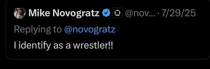 A screenshot shows Mike Novogratz (@novogrtz) replying on 7/29/25 with the text, “I identify as a wrestler!!” This humorously reinforces the accompanying $WRESTLER / $GLXY post and its referenced token contract address.