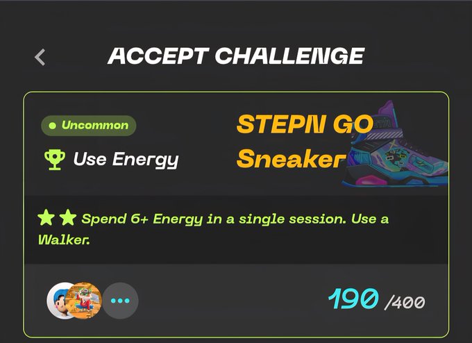 The image shows a screen with an acceptance challenge for a sneaker game, where players are required to use energy from a single session to progress through levels. The challenge has been completed by the user, as indicated by their score of 190 points or more. The text on the screen reads "Accept Challenge" and "Stepn Go Sneaker", suggesting that the player is using an energy-efficient sneaker for this game.