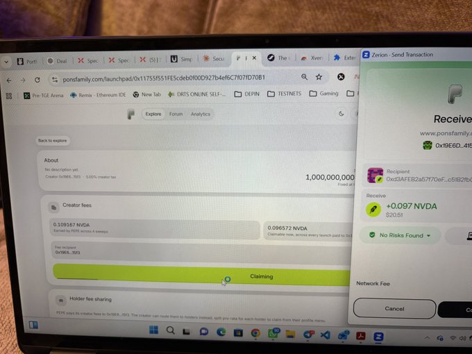 A laptop screen displays the pumps.family platform (launchpad address 0x11755...e3B2b1F on Remix - Ethereum IDE) showing a "Claiming" progress bar for 0.109167 NVDA in creator fees, alongside a Zerion transaction confirmation popup for sending +0.097 NVDA ($20.01) to recipient address 0x63AFEB2ab7...c51B2fb — visually confirming the user's claim of their $20 NVDA earnings, contributing to their reported total of $377.