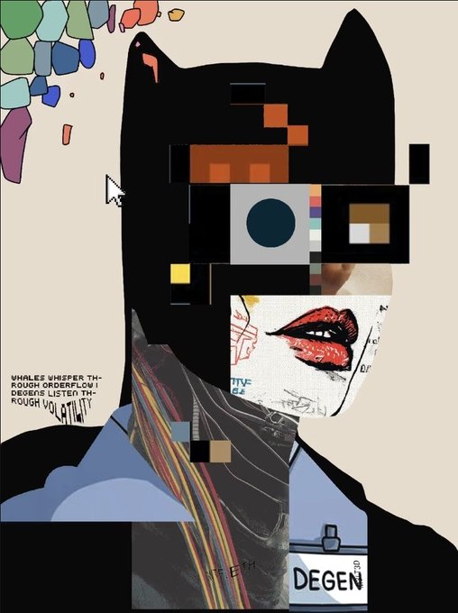 A glitchy, collage-style digital portrait of a figure with a black cat-shaped head, featuring a pixelated face with mismatched eyes, red lips, and text reading 'WHALES WHISPER THROUGH ORDERFLOW I DECODE'S LISTEN THROUGH VOLATILITY' and a 'DEGEN' tag.
