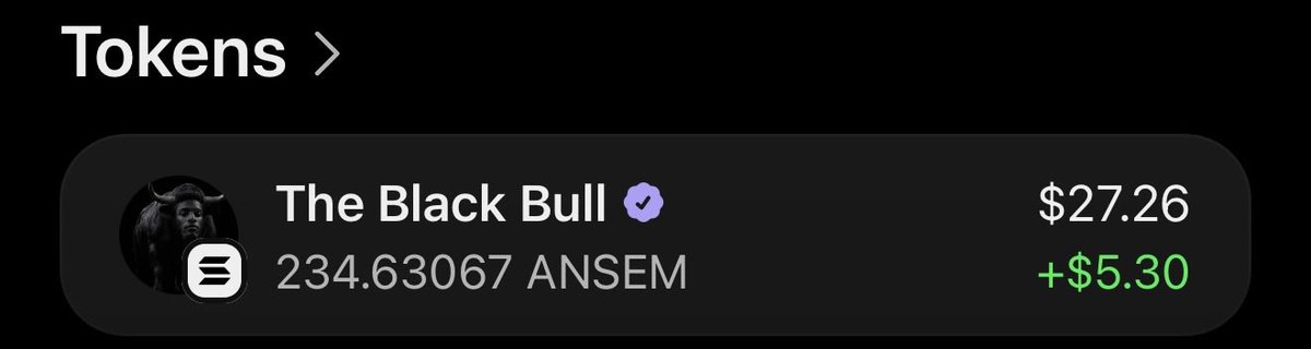 Crypto wallet app showing 'The Black Bull' token priced at $27.26, holding 234.63067 ANSEM with a +$5.30 gain.