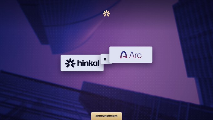 A stylized announcement graphic with a purple gradient and city skyline backdrop displays the logos of "hinkal" and "Arc" joined by an "x" in the center, with an "announcement" tag at the bottom, promoting Hinkal's integration with Arc to enable private stablecoin transactions.