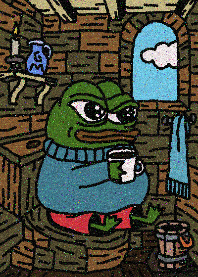 A pixel art illustration of a green frog-like character wearing a blue sweater, sitting in a stone room and holding a white mug, with a candle and a blue object on a shelf behind it.