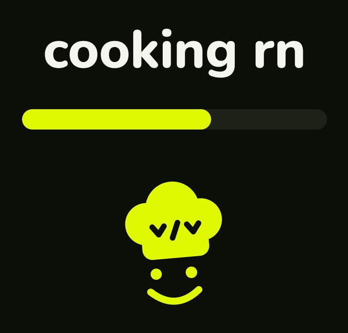 A Snapchat-style loading screen with the text 'cooking rn' above a partially filled yellow progress bar and a chef-hat-wearing smiley face emoji below on a black background.