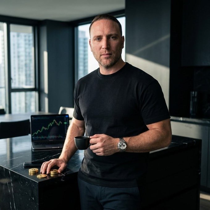 A confident man in a black t-shirt holds a coffee mug beside a laptop displaying a bullish green chart, with stacks of gold coins resting on the dark marble counter—capturing the "finding the next 1000X" energy of his crypto trading morning.