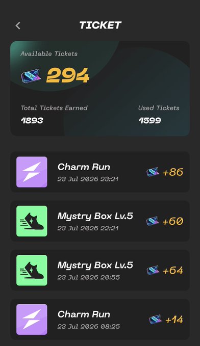 A mobile app ticket screen showing 294 Available Tickets (1893 Total Earned, 1599 Used) with recent Charm Run and Mystery Box Lv.5 entries dated 23 Jul 2026.