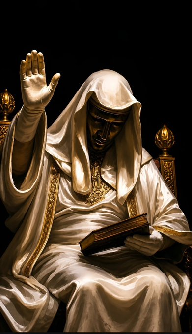 A statue or figure in white robes with a gold face mask raises one hand while holding an open book, seated on a throne-like chair with golden finials against a black background.