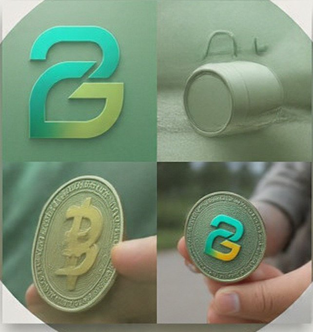 A four-panel collage showing stylized cryptocurrency coins, with a green '2' logo, a green cylindrical object, a Bitcoin coin, and a hand holding a green coin featuring a yellow 'B' logo.