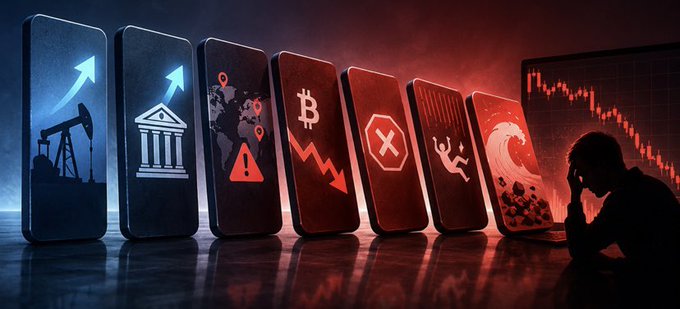 A dramatic digital illustration showing a lineup of smartphones with various crisis-themed icons (oil pump, government building, world map with warning, Bitcoin decline, error sign, injury, tsunami) transitioning into red, alongside a silhouetted figure watching a plummeting stock chart.