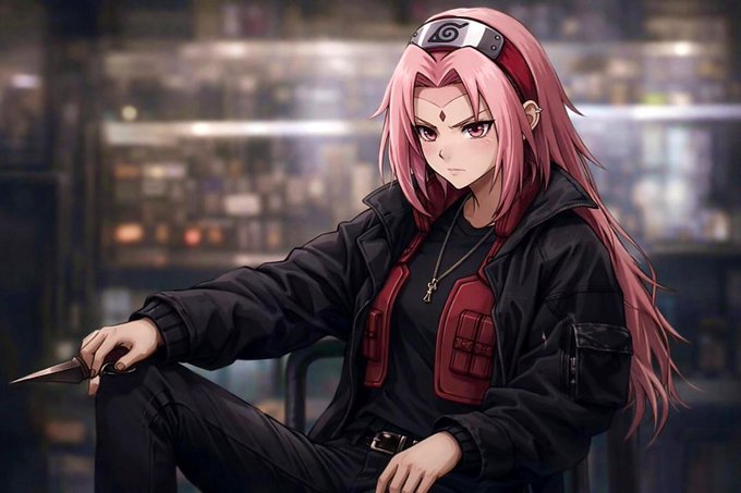 An anime-style character with long pink hair, wearing a Hidden Leaf Village headband from Naruto, a black jacket, and a tactical vest, sits holding a kunai knife in an industrial setting.