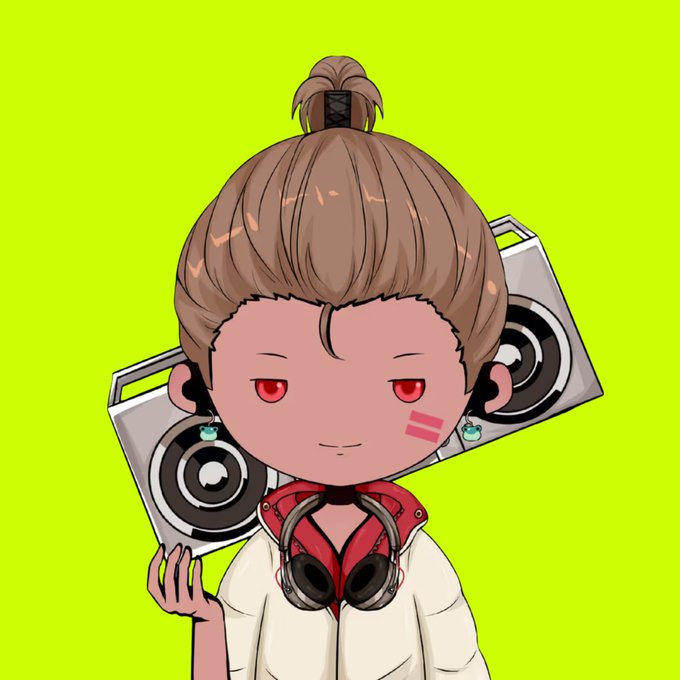 Digital illustration of a chibi-style anime girl with brown hair in a bun, carrying a boombox on her shoulder against a bright green background.