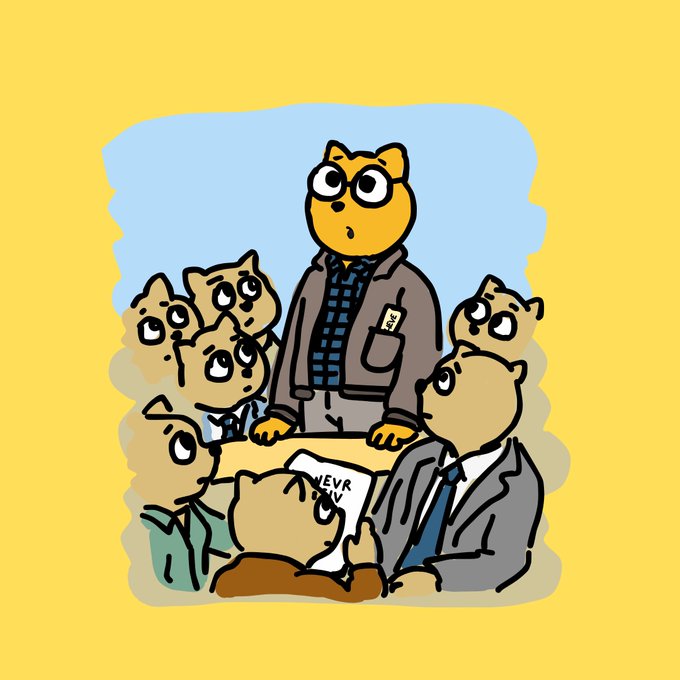 The image features a cartoon cat standing at a table surrounded by other cats dressed up as humans. The cat appears to be giving a speech or presentation while the other cats attentively listen, with some of them wearing ties. The scene takes place on a yellow background and is accompanied by text that reads "focus on what is in the image and how it relates to the post".