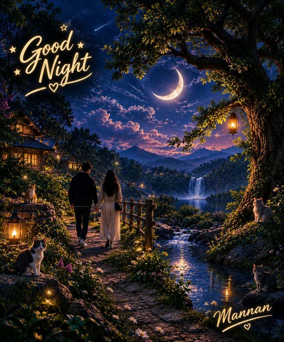 An illustrated night scene shows a couple walking along a path with a 'Good Night' message and the signature 'Mannan' at the bottom.