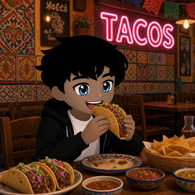 An animated boy with blue eyes and messy hair eagerly bites into a loaded taco inside a vibrant Mexican restaurant, where a glowing pink "TACOS" neon sign hangs above tiled walls, surrounded by plates of tacos, tortilla chips, and salsa. The festive taco scene playfully ties into the "Happy Taco Tuesday" caption, celebrating small wins while hinting that the poster has never actually eaten a taco.