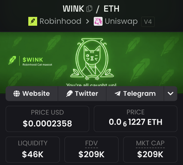 The image shows a cryptocurrency tracking page for $WINK/ETH on Robinhood/Uniswap V4, featuring a green cat mascot in a winking pose (matching the Robinhood app's cat icon), with a price of $0.0002358 (0.0001227 ETH), $46K liquidity, and a $209K FDV.