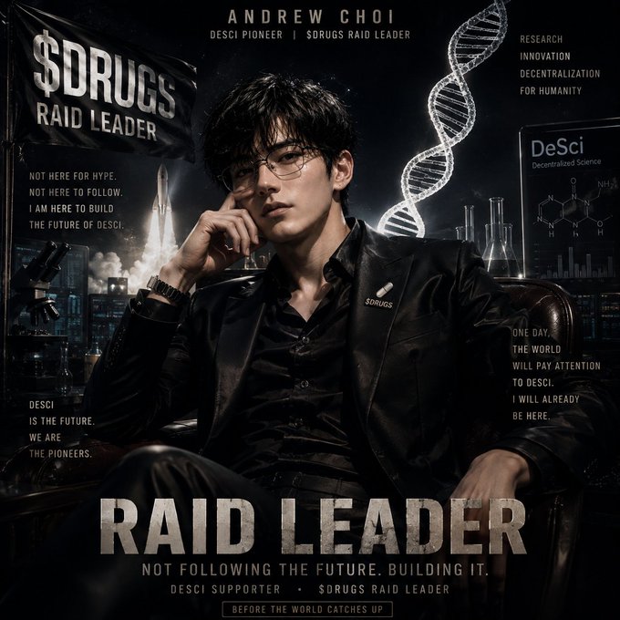 A stylized promotional poster for 'Andrew Choi' as 'DESCI PIONEER' and '$DRUGS RAID LEADER,' featuring text like 'NOT HERE FOR HYPE,' 'RAID LEADER,' and 'DeSci Decentralized Science,' with a rocket, DNA helix, and chemical structures in the background.