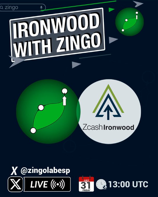Promotional graphic for 'IRONWOOD WITH ZINGO' featuring the Zcash Ironwood logo (a green triangle with an arrow) and constellation-style icons, scheduled for Friday July 31 at 13:00 UTC, live on X (@zingolabesp).