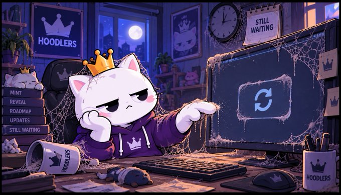 A grumpy cat wearing a crown and a purple "HOODLERS" hoodie sits impatiently at a dusty, cobweb-covered desk, pressing a refresh icon on a monitor as it waits for an update. A stack of books labeled "MINT, REVEAL, ROADMAP, UPDATES, STILL WAITING" sits beside a knocked-over cup, reinforcing the scene's theme of frustration with delayed milestones, perfectly matching the post's plea for the "burn mechanic to go live."