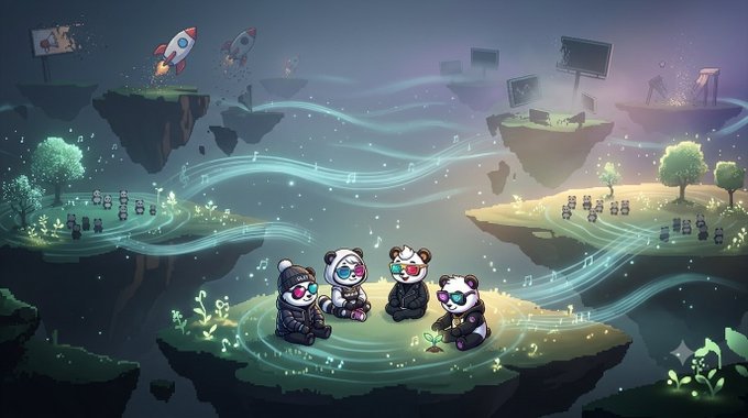 A digital illustration featuring four animated panda-like characters sitting on a floating island surrounded by musical notes, with rockets, other floating islands, and characters in the background.