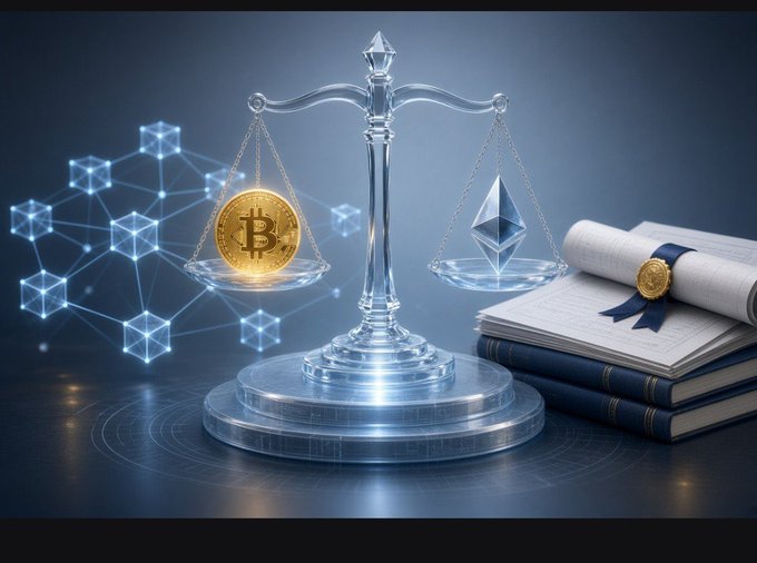 A glowing balance scale weighs a golden Bitcoin coin against an Ethereum crystal, flanked by blockchain networks and legal scrolls with a golden seal, symbolizing the regulatory debate around the CLARITY Act. The imagery contrasts cryptocurrency innovation with traditional legal frameworks as Congress weighs ethical and legislative hurdles.