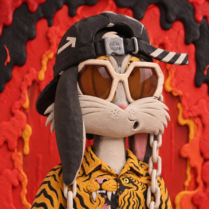 A clay sculpture of a stylized character wearing a black backwards cap, orange sunglasses, and a tiger-print shirt with chain accessories, set against a red and black background.
