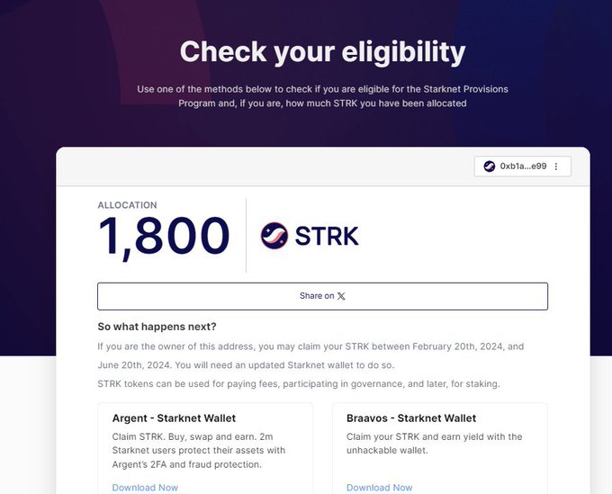 Webpage screenshot titled 'Check your eligibility' for the Starknet Provisions Program, showing an allocation of 1,800 STRK tokens for wallet 0xb1a...e99, with instructions to claim between February 20th, 2024, and June 20th, 2024 using Argent or Braavos Starknet wallets.