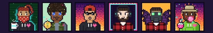 Six pixel art character portraits with a retro video game aesthetic, depicting various figures including a woman with a ponytail holding a cup, a man with a sunflower, a man in a suit, a bearded character, a masked character with wings, and a man in a hat with bubbles.